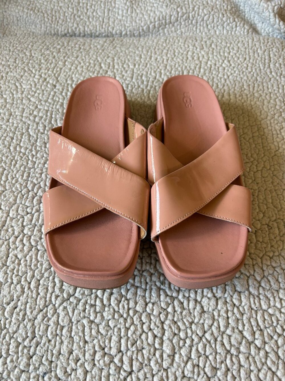 Ugg -- light pink Emily patent leather crossover sandals